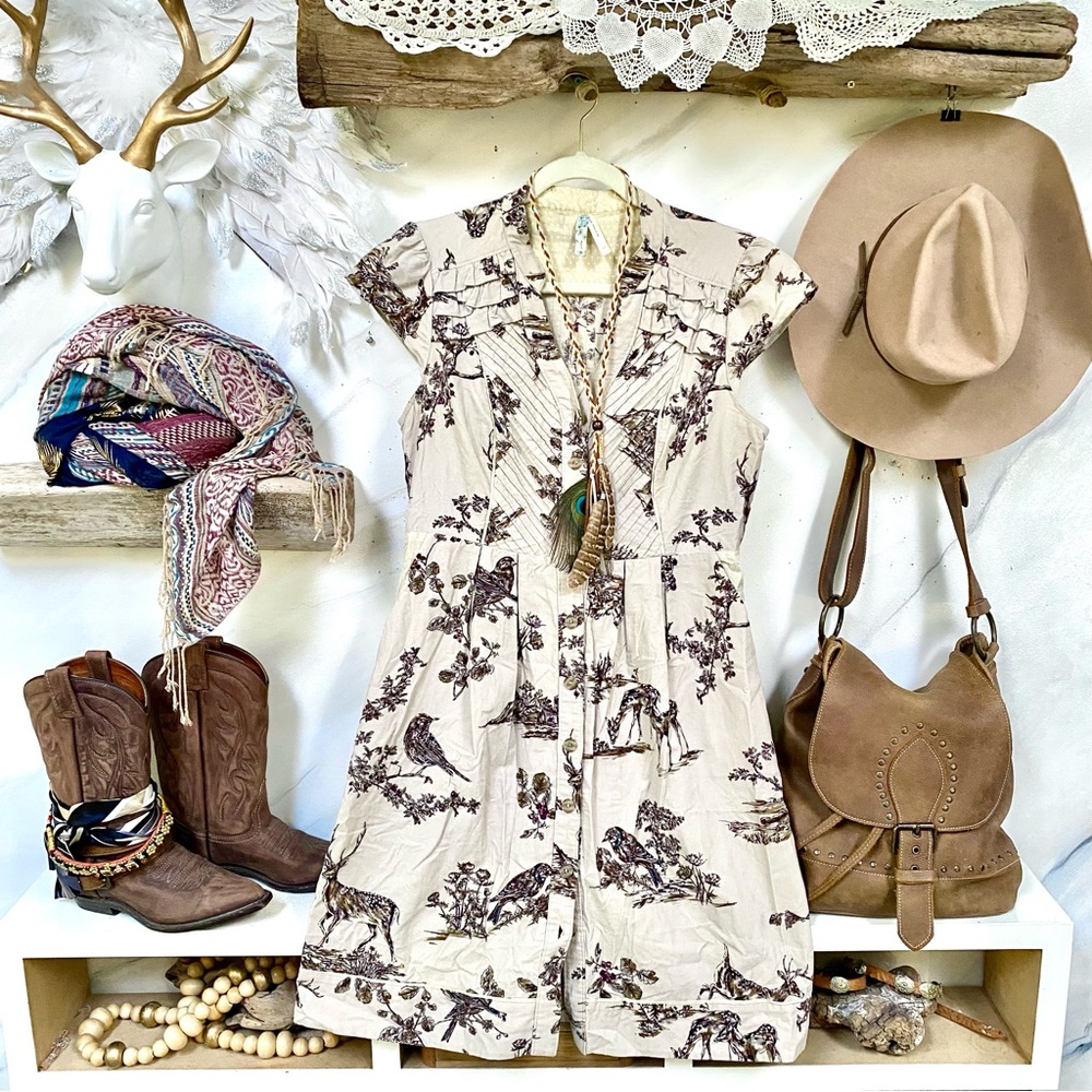 Anthropologie Cream Dress with Brown Botanical Print